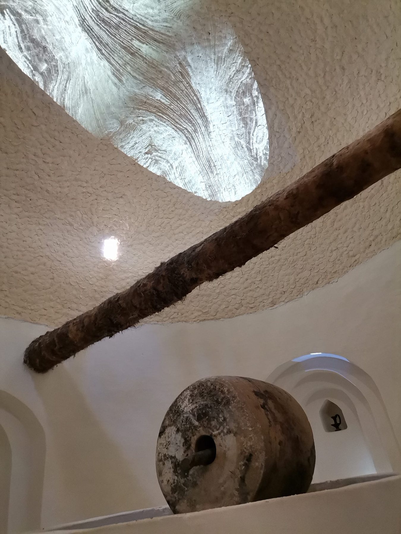 Generative white projection on the vaulted ceiling of the olive mill, above an old pressing jar